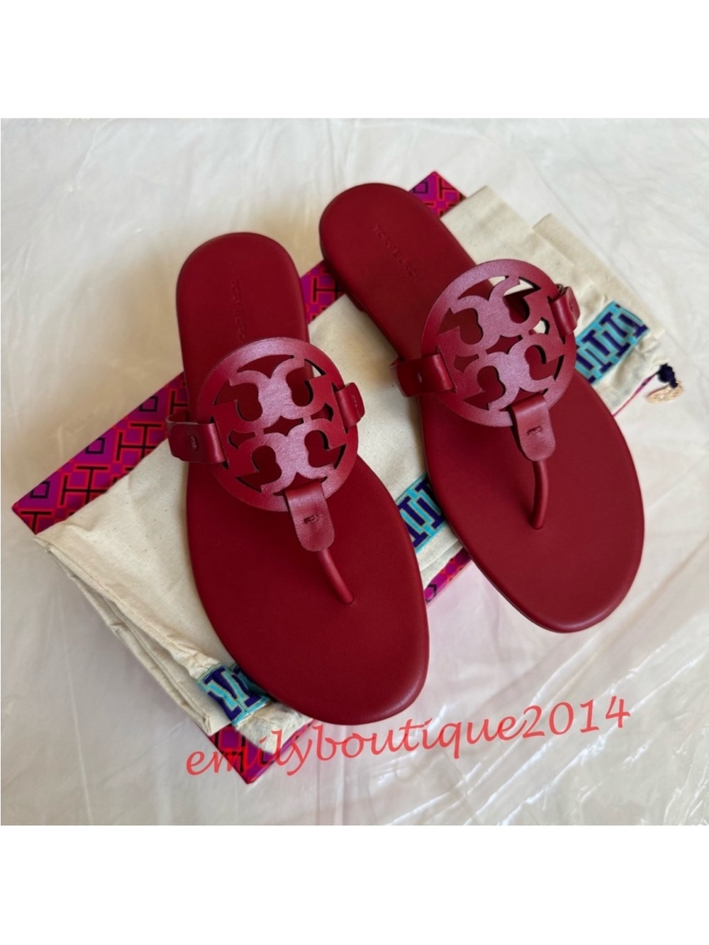 NIB Tory Burch Miller Size 7.5 Tory Red Calf Leather Sandals 90582 - Picture 3 of 10